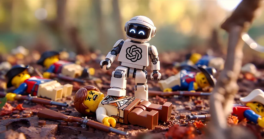A smiling AI toy robot stands among fallen toy revolutionaries.