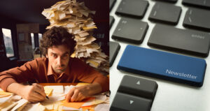 An exasperated man sits at a cluttered desk, surrounded by towering stacks of paperwork, as he furiously makes a content marketing strategy on a notepad.